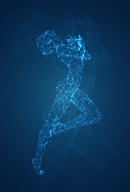 Een vrouwelijk silhouet van lichtgevende lijnen en stippen die dansen op een abstracte donkerblauwe achtergrond vectorlay-out