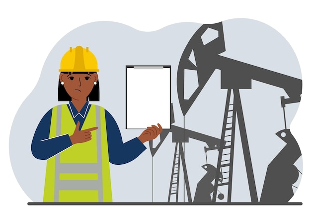 Een vrouwelijke arbeider in een raffinaderij-ingenieur gebruikt een getabletteerde oliepompeenheid Energie-industriezone olieboringen