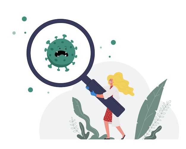 Een vrouwelijke arts die medische handschoenen draagt, houdt een vergrootglas vast. Coronavirus gedetecteerd. Snelle detectie en vernietiging van COVID-19.