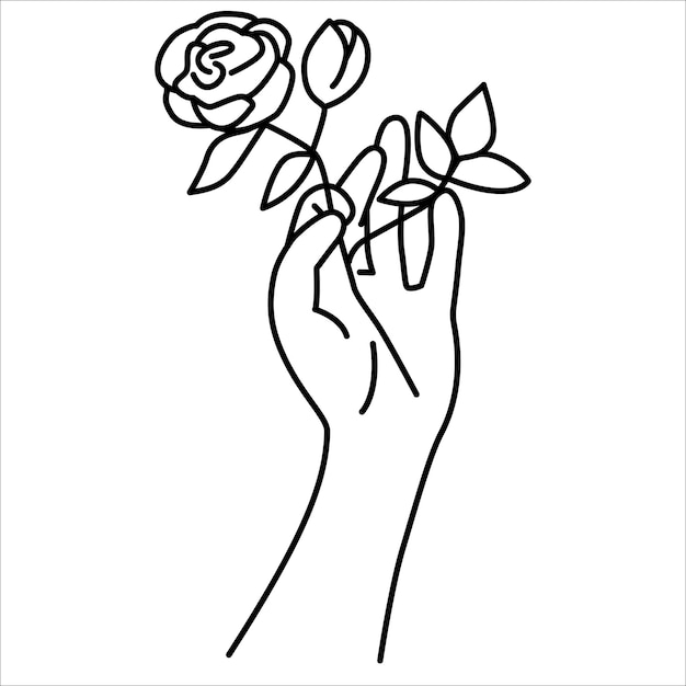 Een vrouwelijke hand met een roos Een hand met bloem in eenvoudige schetsmatige stijl