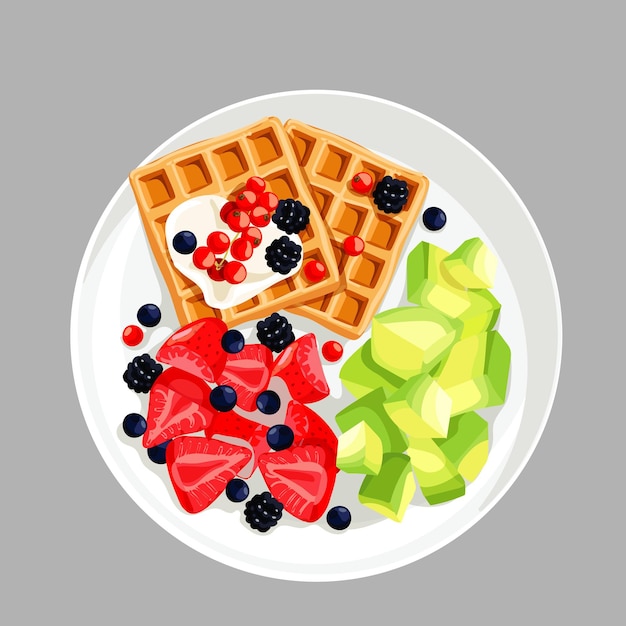 een wafel met bessen en een stuk fruit erop