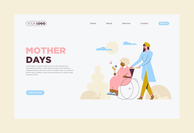 Een website voor moederdagen met een vrouw in een rolstoel Homepage ontwerp illustraties vector