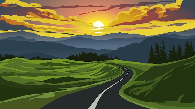 Een weg die leidt naar een bergzonsondergang met een zonsondergang op de achtergrond.