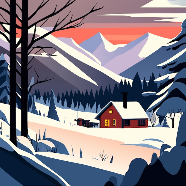 Een winters tafereel met een besneeuwd dorpshuis op de achtergrond