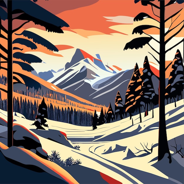 Een winters tafereel met een besneeuwd landschap en een bos met een berg op de achtergrond