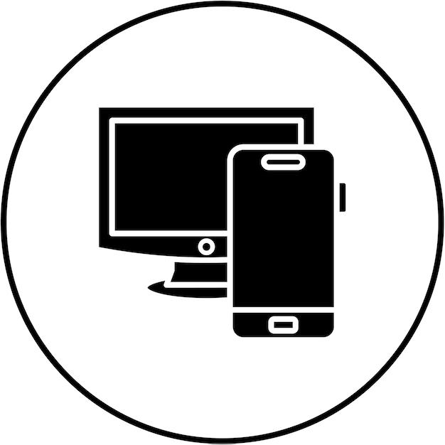 een witte cirkel met een zwart-wit logo dat zegt dat de telefoon naast een monitor staat