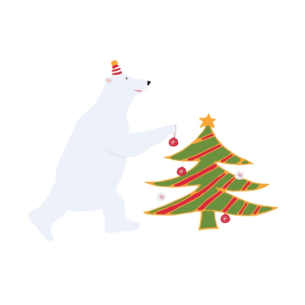 Een witte ijsbeer siert een kerstboom. Kerststemming. Schattige nieuwjaarsillustratie voor kinderen