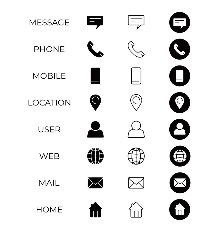 Vector een witte weergave van verschillende iconen, waaronder een telefoon en een telefoon