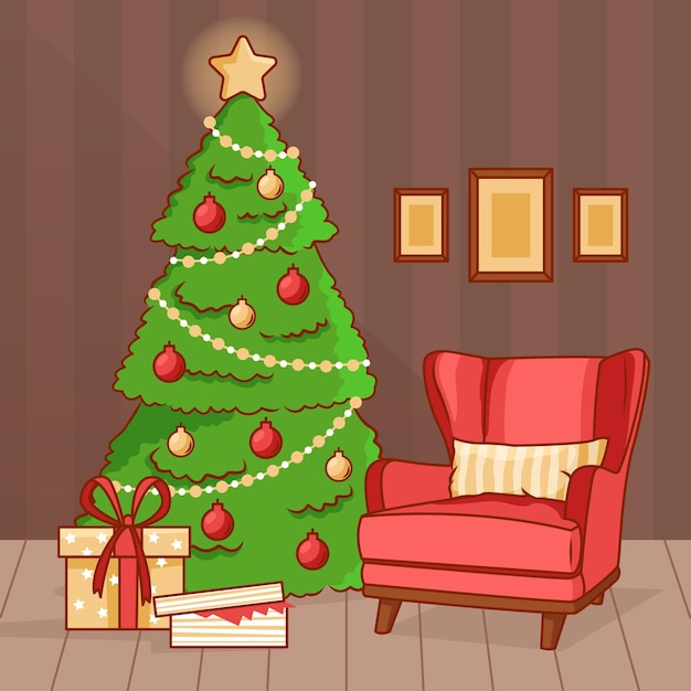 Een woonkamer ingericht voor Kerstmis en Nieuwjaar Een rode fauteuil bij de kerstboom met cadeaus