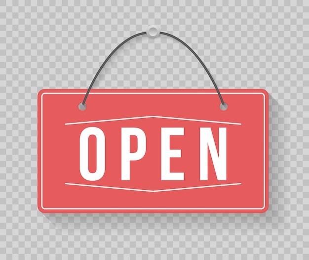 Een zakelijk bord met Kom binnen, We zijn open. Afbeelding van verschillende open en gesloten bedrijfstekens. Bord met een touw. illustratie.