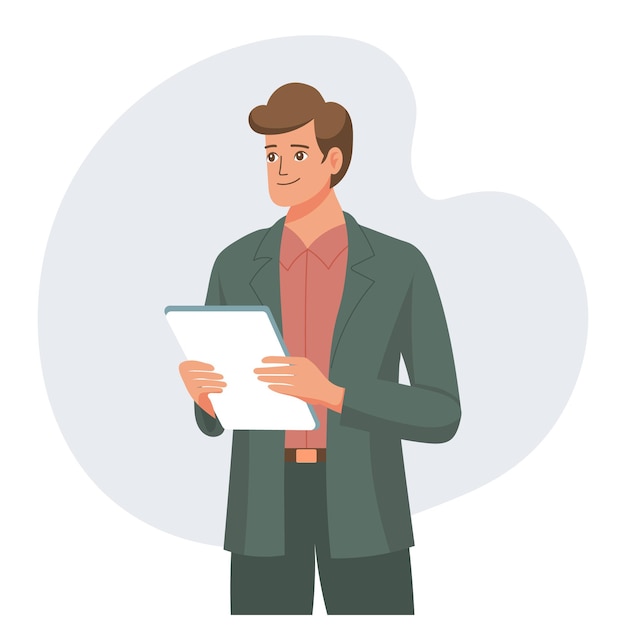 Een zakenman in een zakenpak met een gadget in zijn handen Illustratie in platte stijl