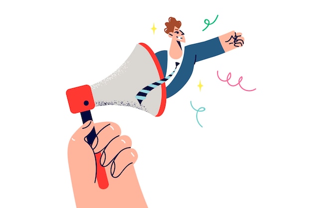 Een zakenman kijkt uit de megafoon en kondigt een promotie aan of nodigt uit om deel te nemen aan een sollicitatiegesprek