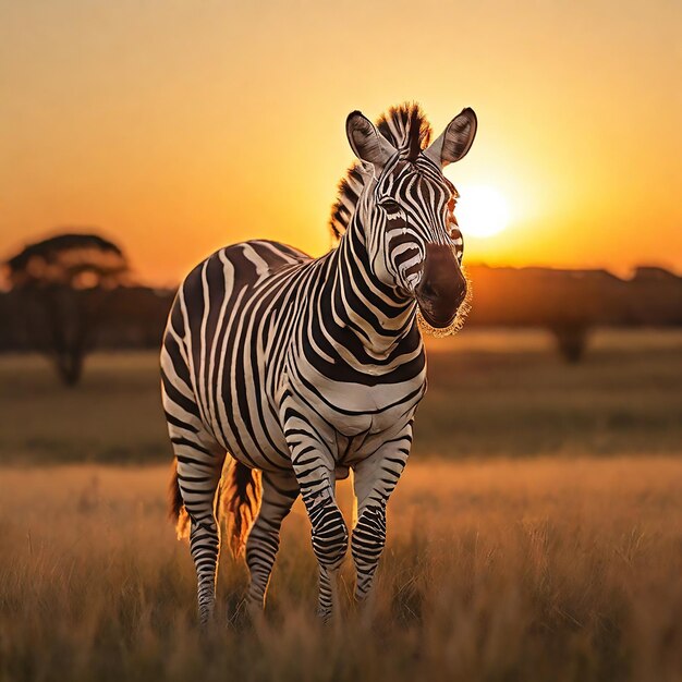 Een zebra staat in een veld met de zon ondergaan achter de groene boom achtergrond