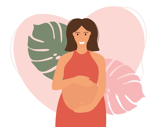 Een zwangere vrouw knuffelt haar grote naakte buik met haar baby. Leuke toekomstige moeder op een roze achtergrond.