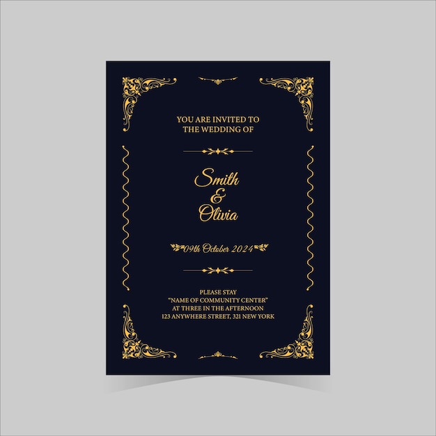 Een zwart met gouden uitnodigingskaart voor een bruiloft