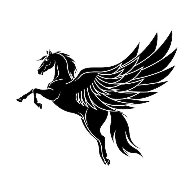 Een zwart paard met vleugels waarop pegasus staat