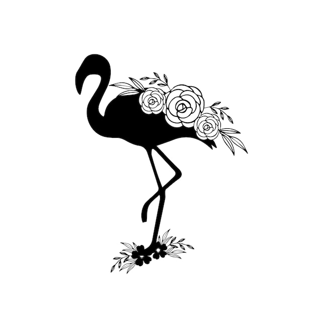 Een zwart silhouet van een flamingo met rozen erop.