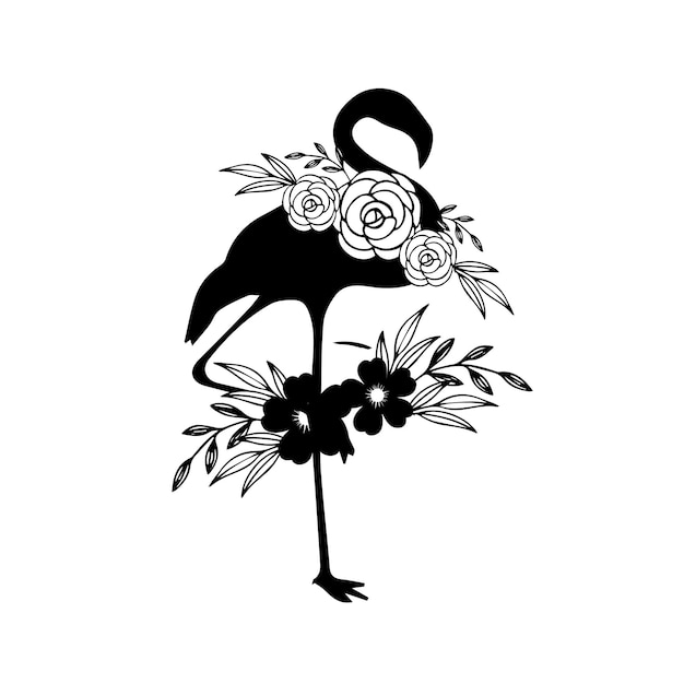 Vector een zwart silhouet van een flamingo met rozen op de voorkant.