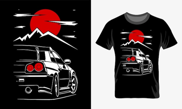 Een zwart t-shirt met een rode zon en een zwarte auto erop.