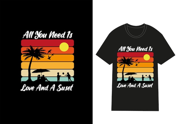 een zwart t-shirt met een zonsondergang aan de voorzijde en de zon aan de rechterkant