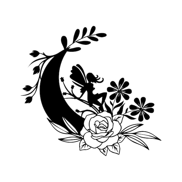 Een zwart-wit afbeelding van een fee met rozen op de maan
