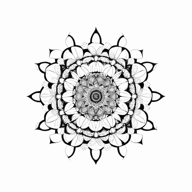 Een zwart-wit afbeelding van een mandala met een bloem in het midden.