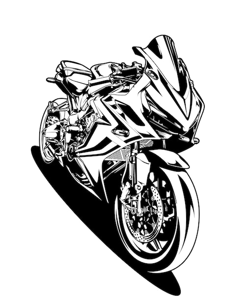 Een zwart-wit afbeelding van een motorfiets met een berijder erop.