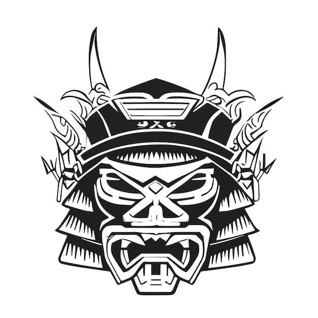 Vector een zwart-wit afbeelding van een samurai-helm met het woord samurai erop.