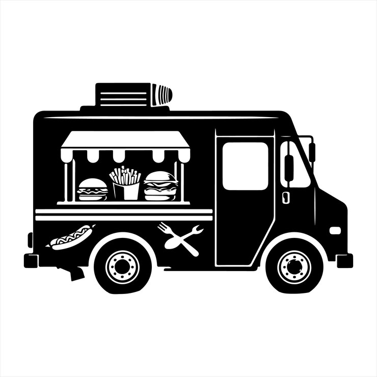 Vector een zwart-wit beeld van een food truck met voedsel aan de voorkant