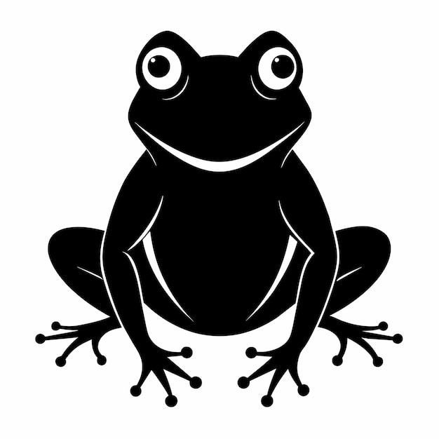een zwart-wit beeld van een kikker met grote ogen en een groot zwart oog