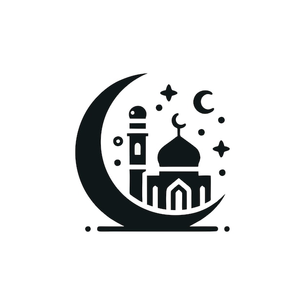 een zwart-wit beeld van een moskee met een halve maan en de maan