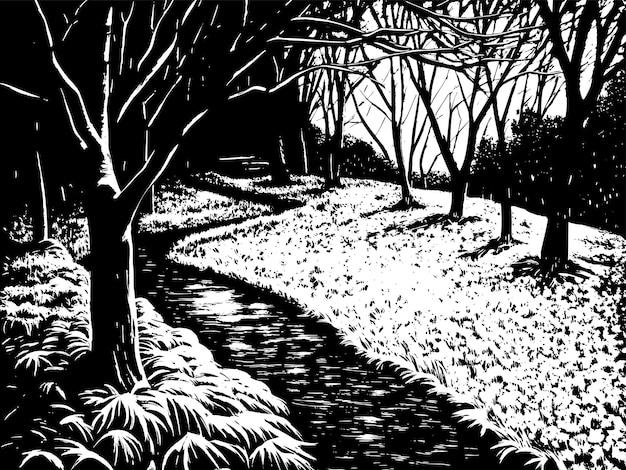 een zwart-wit beeld van een pad met bomen en gras