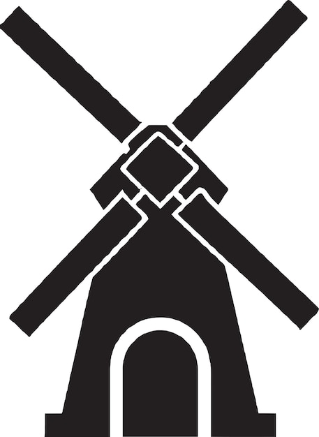 Een zwart-wit logo met een windmolen en een grote zwarte cirkel.