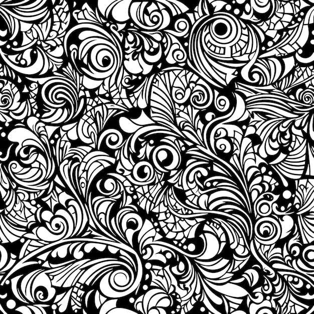 Een zwart-wit naadloos patroon met wervelingen en bloemen.