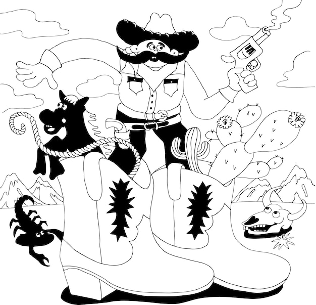 Een zwart-wit tekening van een cowboy met een pistool en een pistool.