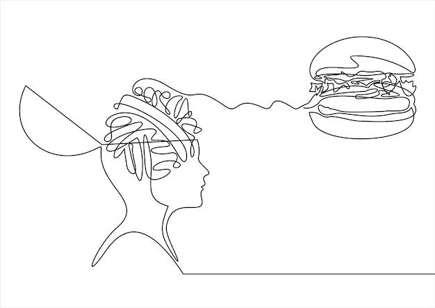 Een zwart-wit tekening van een hamburger met een man en een vrouw die ernaar kijken.