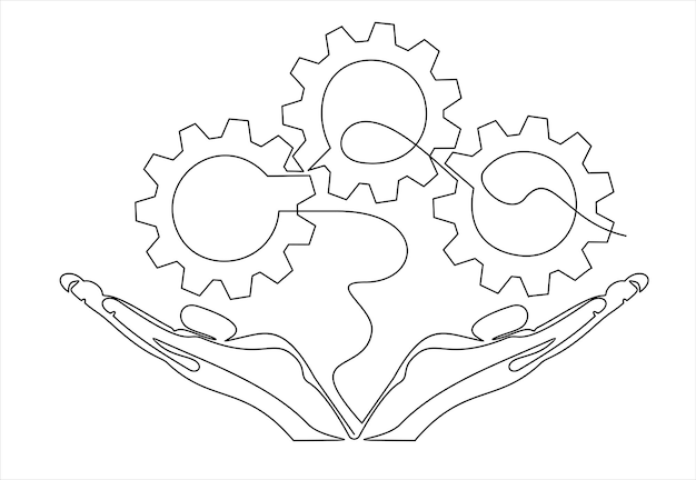 Een zwart-wit tekening van een hand die versnellingen vasthoudt.