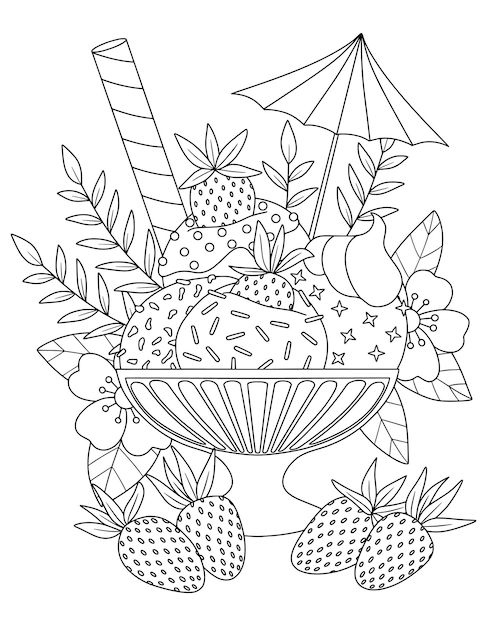 Een zwart-wit tekening van een kom ijs met aardbeien en parasols.
