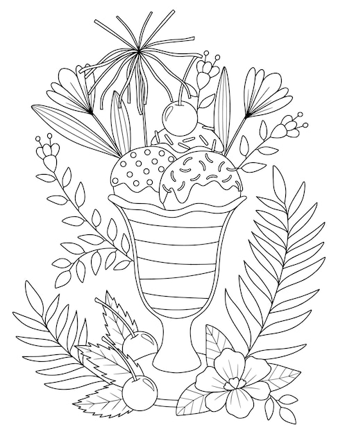 Een zwart-wit tekening van een kopje ijs met een aardbei en een bloem.