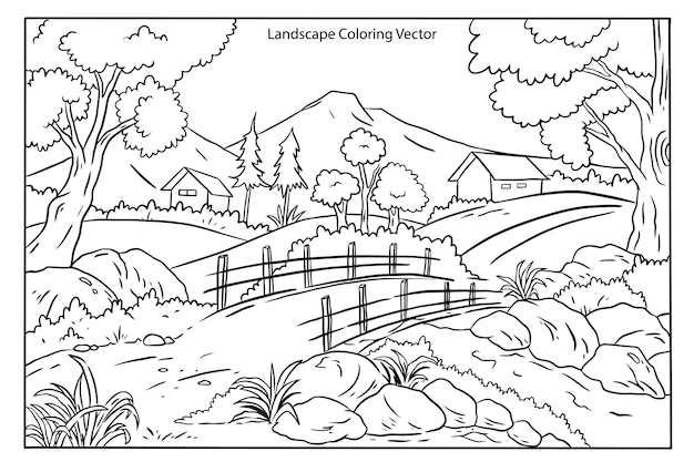 Vector een zwart-wit tekening van een landschap met een hek en bomen.