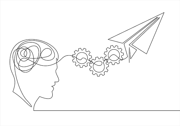 Vector een zwart-wit tekening van een man en een papieren vliegtuigje met pijlen eromheen.