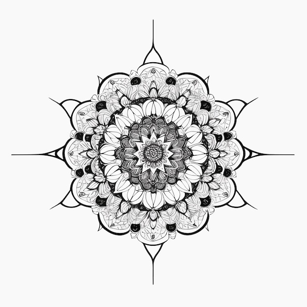 Een zwart-wit tekening van een mandala met de zon in het midden.