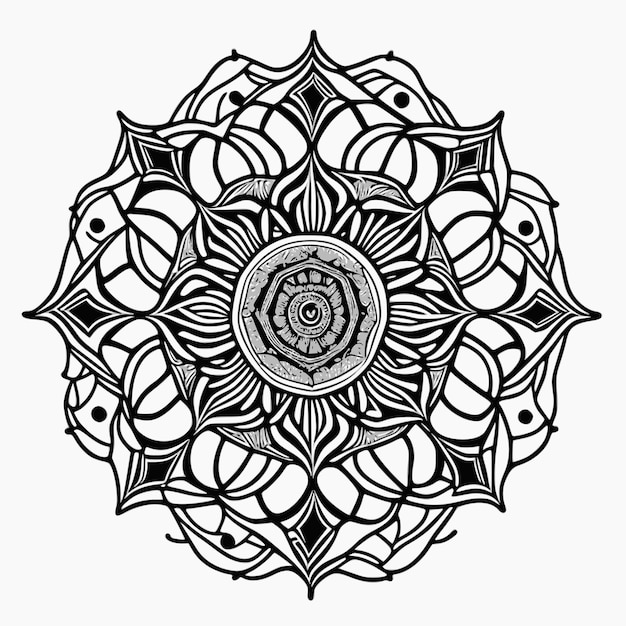 Een zwart-wit tekening van een mandala met het woord chakra erop.