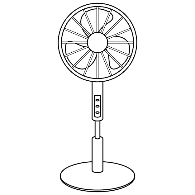 Vector een zwart-wit tekening van een ventilator met een witte achtergrond.