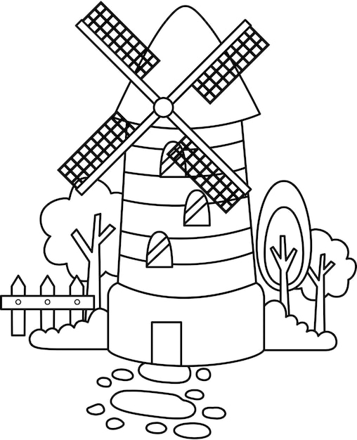 Een zwart-wit tekening van een windmolen met een huis op de achtergrond.