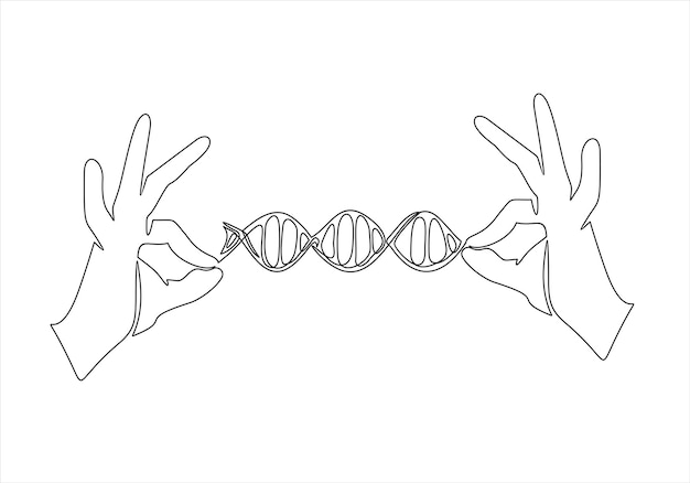 Een zwart-wit tekening van handen die een dna-streng vasthouden.