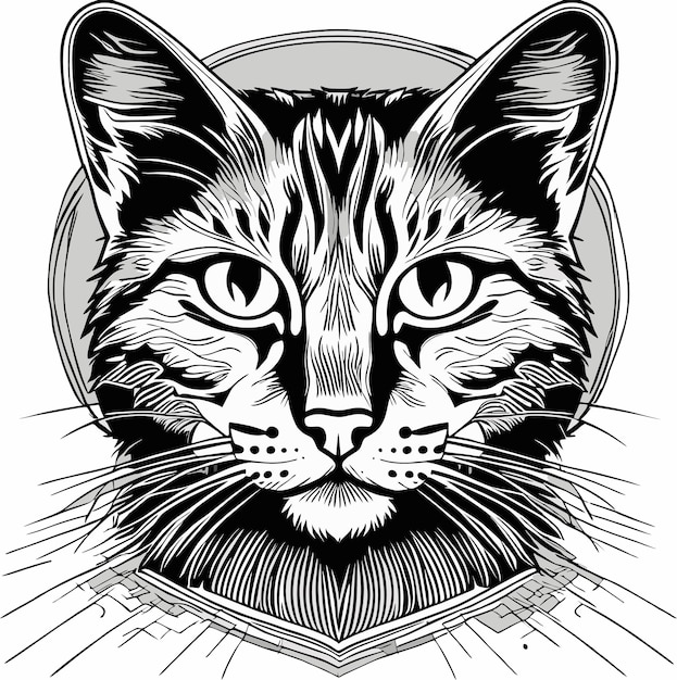 Een zwart-wit tekening van het gezicht van een kat met een cirkel in het midden.