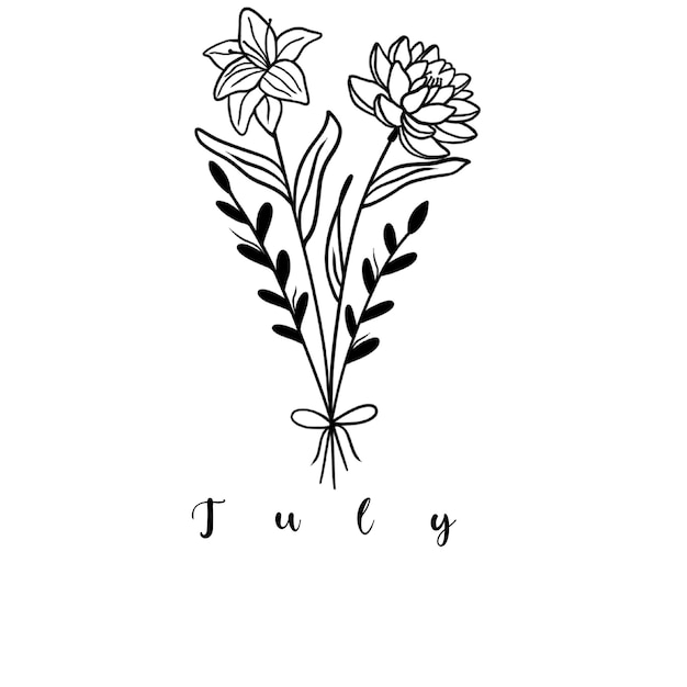 Een zwart-wit tekening van twee bloemen met het woord juli erop geschreven.