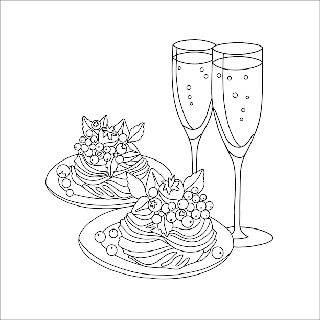 Een zwart-wit tekening van twee borden eten met champagne en twee glazen bloemen.