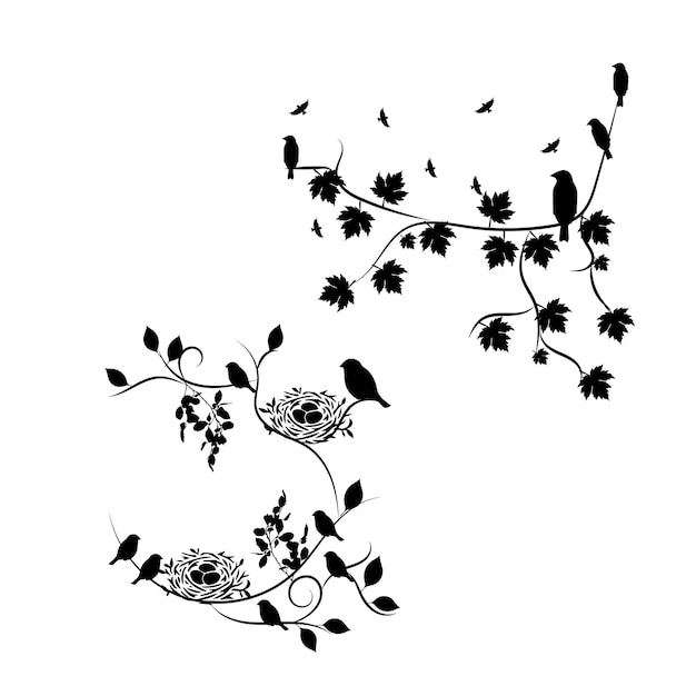 Een zwart-wit tekening van vogels en bloemen.